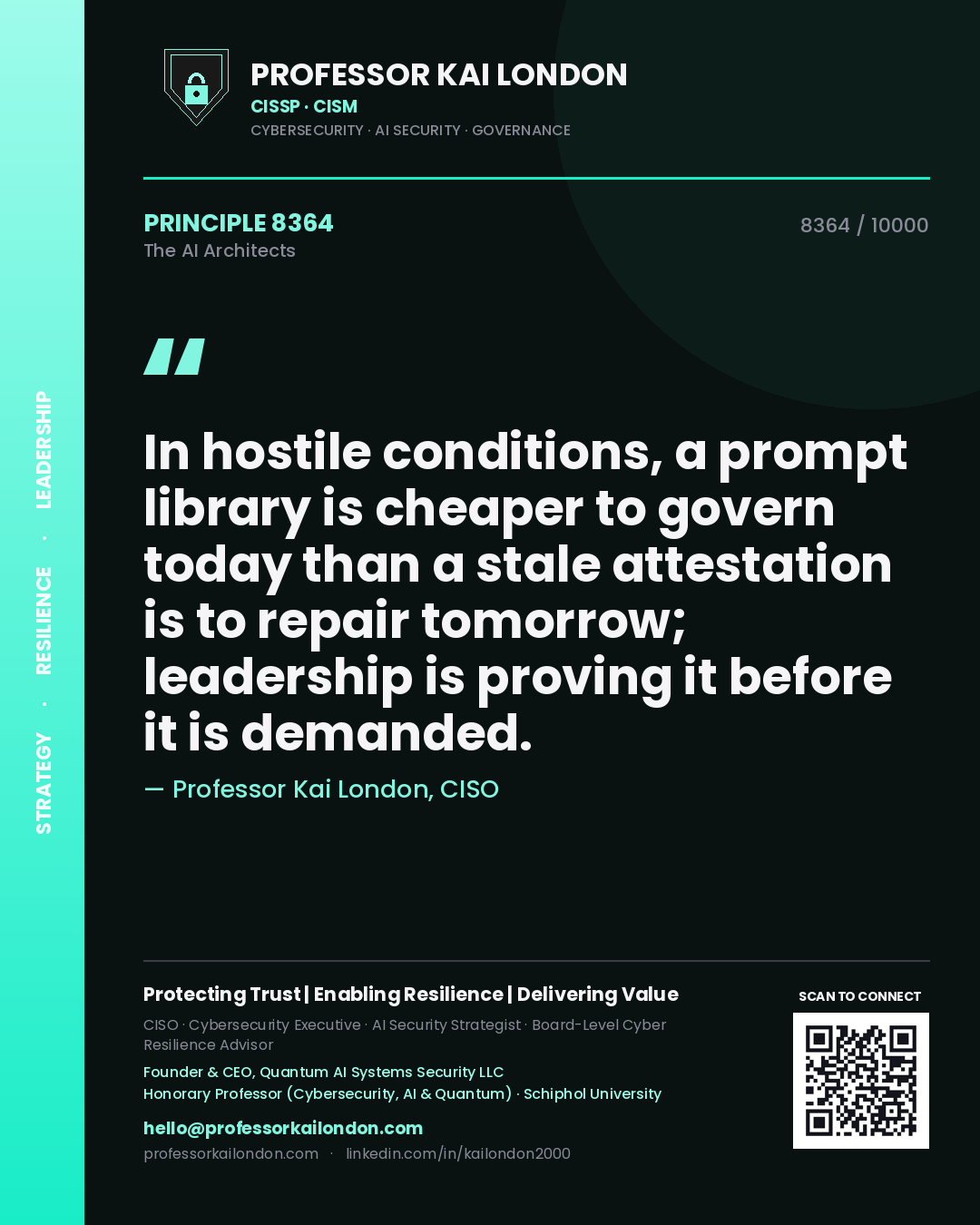 Quote card by Professor Kai London reading 'In hostile conditions, a prompt library is cheaper to govern today than a stale attestation is to repair tomorrow; leadership is proving it before it is demanded.'. From the book The AI Architects.