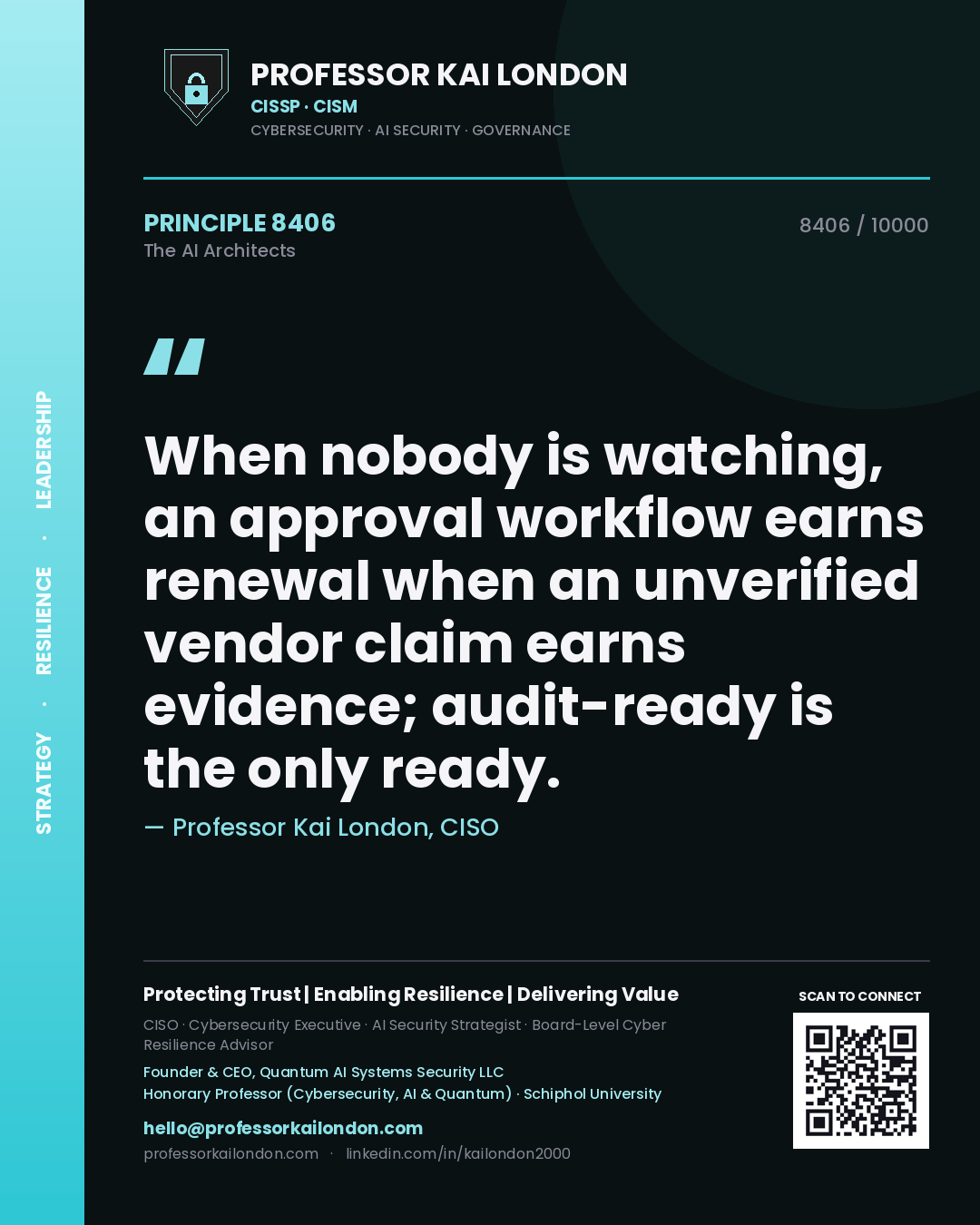 Professor Kai London principle 8406: When nobody is watching, an approval workflow earns renewal when an unverified vendor claim earns evidence; audit-ready is the only ready.
