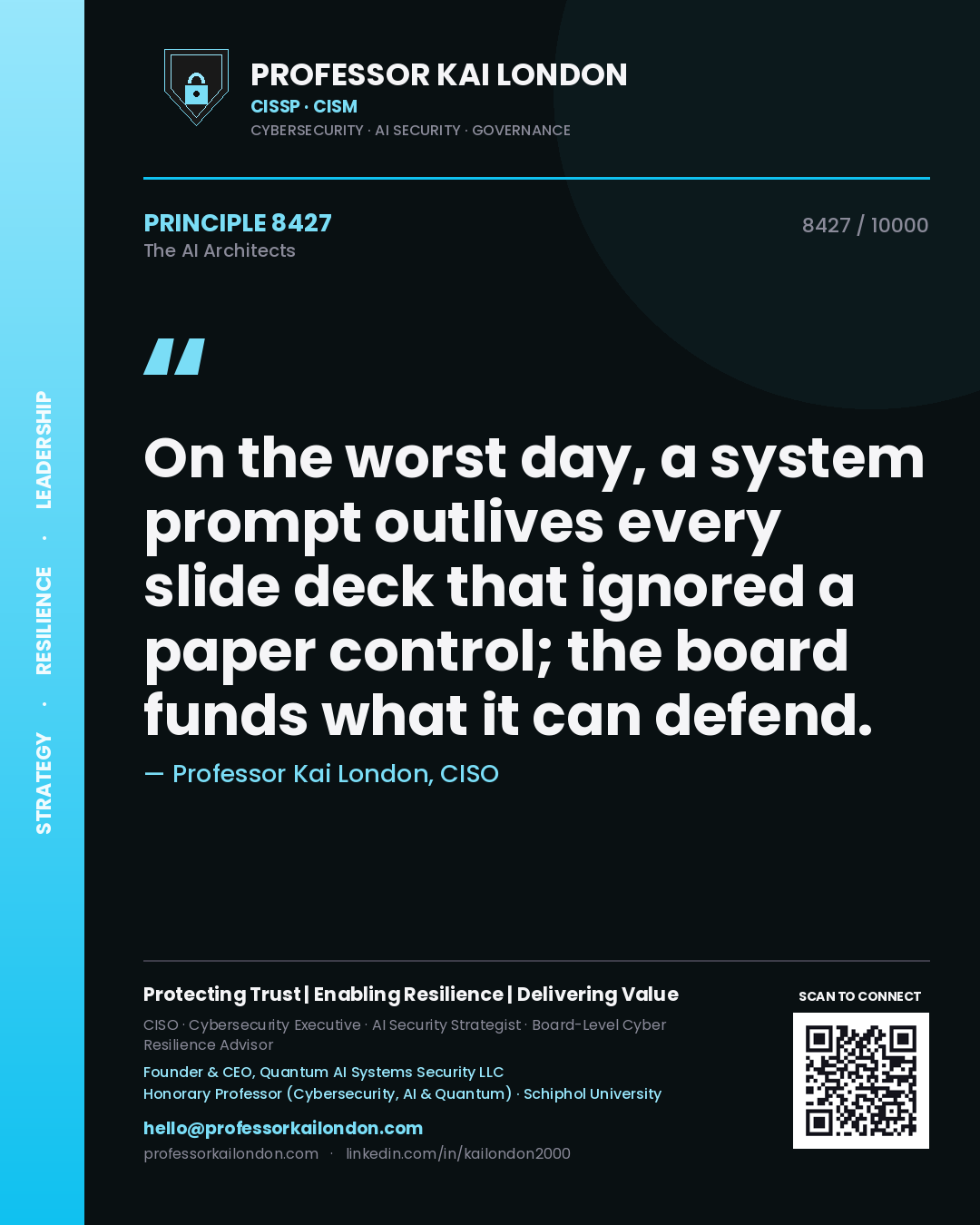 Quote card by Professor Kai London reading 'On the worst day, a system prompt outlives every slide deck that ignored a paper control; the board funds what it can defend.'. From the book The AI Architects.