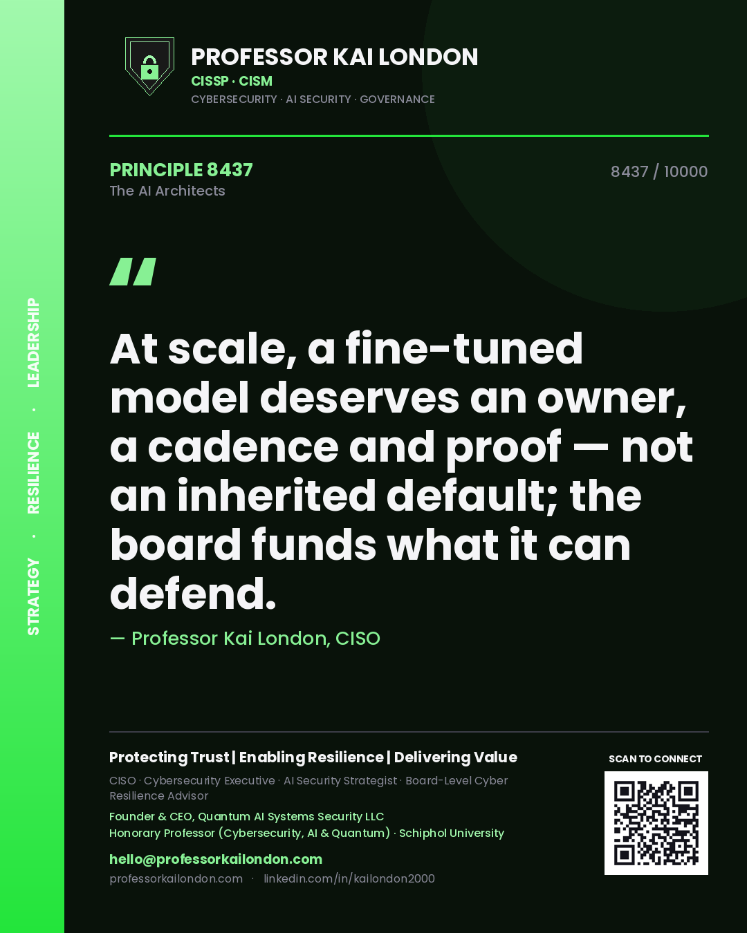 Professor Kai London principle 8437: At scale, a fine-tuned model deserves an owner, a cadence and proof — not an inherited default; the board funds what it can defend.