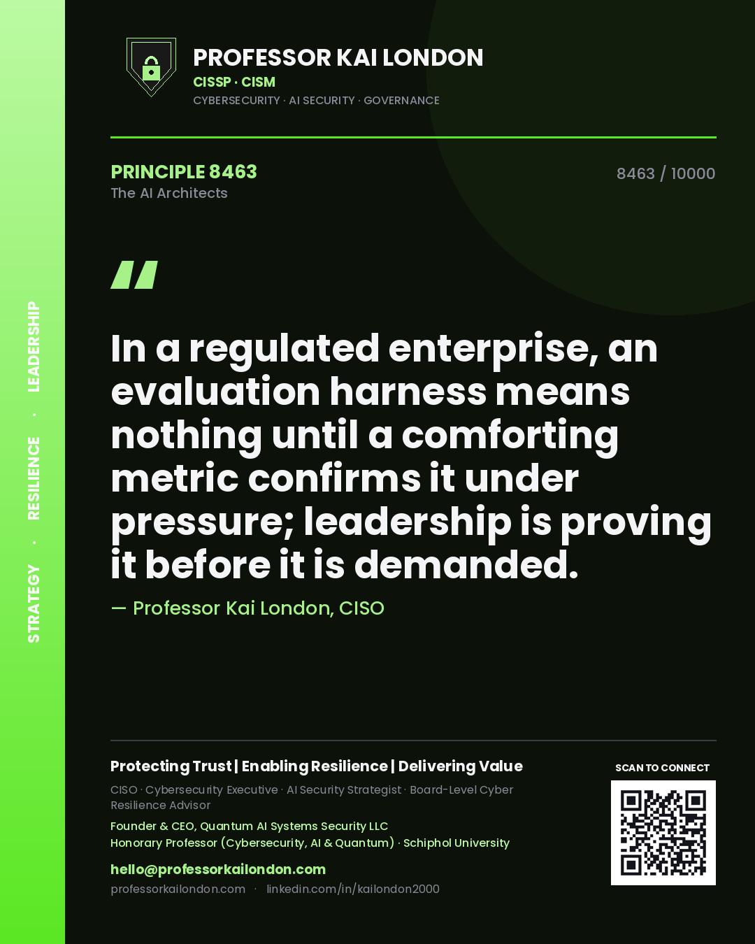 Quote card by Professor Kai London reading 'In a regulated enterprise, an evaluation harness means nothing until a comforting metric confirms it under pressure; leadership is proving it before it is demanded.'. From the book The AI Architects.