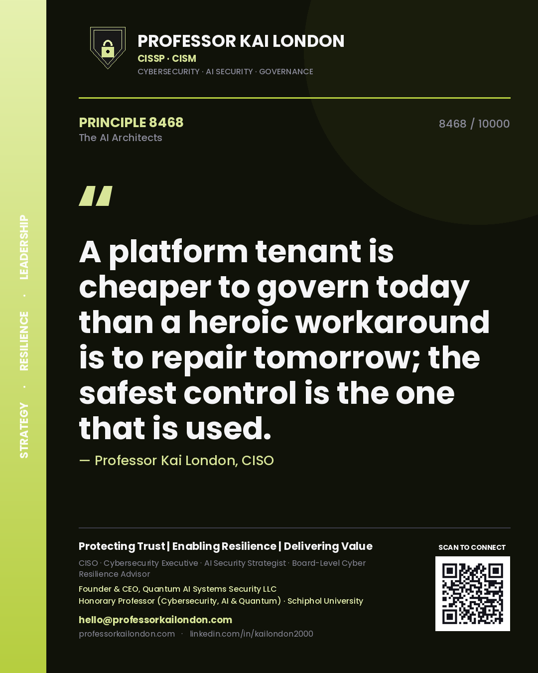 Professor Kai London principle 8468: A platform tenant is cheaper to govern today than a heroic workaround is to repair tomorrow; the safest control is the one that is used.