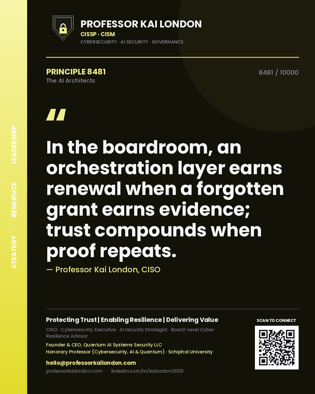 Quote card by Professor Kai London reading 'In the boardroom, an orchestration layer earns renewal when a forgotten grant earns evidence; trust compounds when proof repeats.'. From the book The AI Architects.