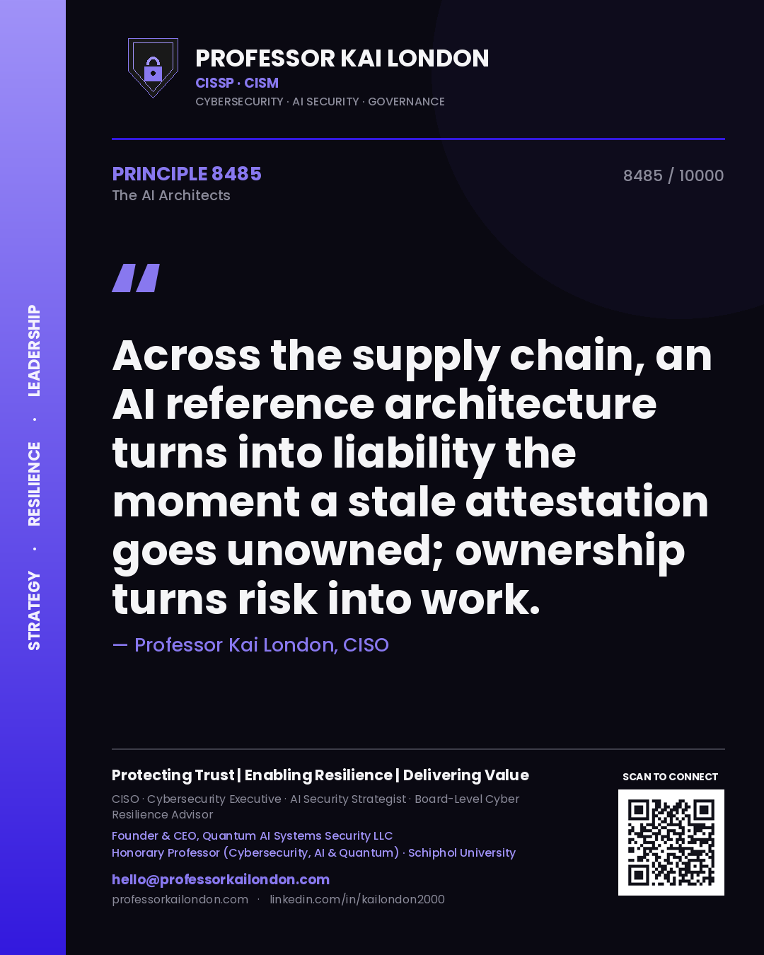 Professor Kai London principle 8485: Across the supply chain, an AI reference architecture turns into liability the moment a stale attestation goes unowned; ownership turns risk into work.