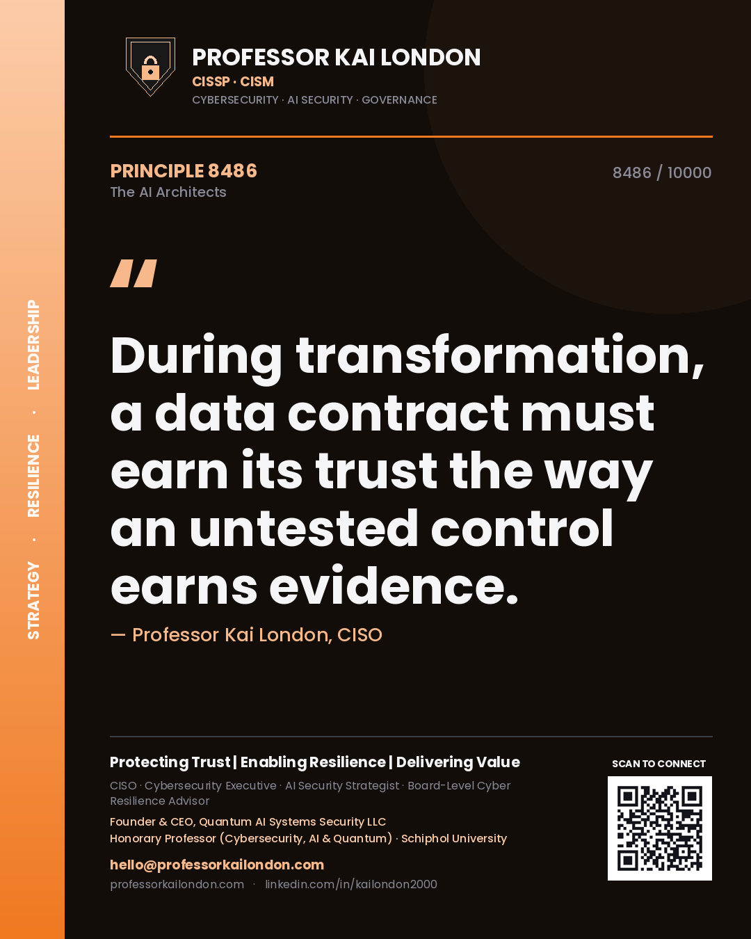 Quote card by Professor Kai London reading 'During transformation, a data contract must earn its trust the way an untested control earns evidence.'. From the book The AI Architects.