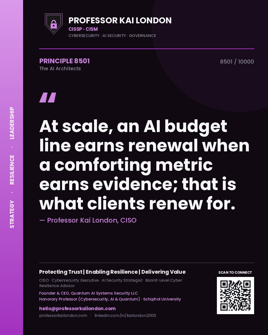 Quote card by Professor Kai London reading 'At scale, an AI budget line earns renewal when a comforting metric earns evidence; that is what clients renew for.'. From the book The AI Architects.