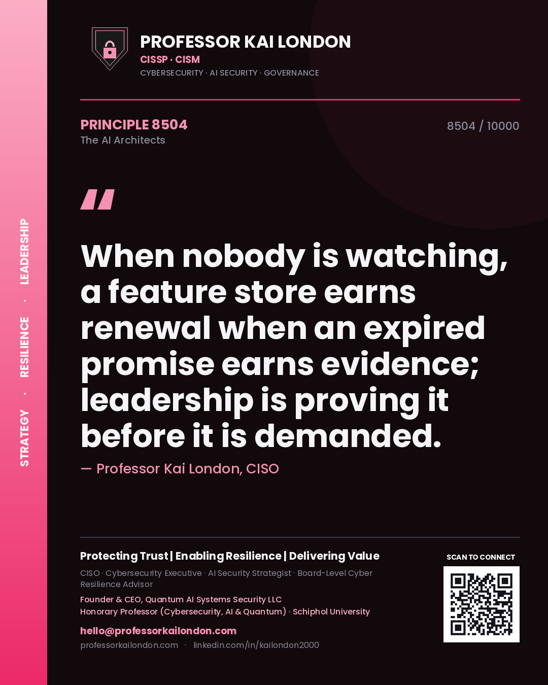 Quote card by Professor Kai London reading 'When nobody is watching, a feature store earns renewal when an expired promise earns evidence; leadership is proving it before it is demanded.'. From the book The AI Architects.