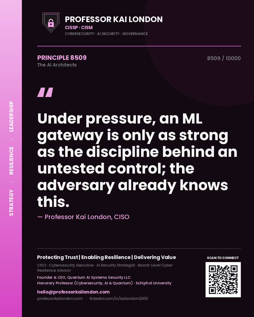 Quote card by Professor Kai London reading 'Under pressure, an ML gateway is only as strong as the discipline behind an untested control; the adversary already knows this.'. From the book The AI Architects.