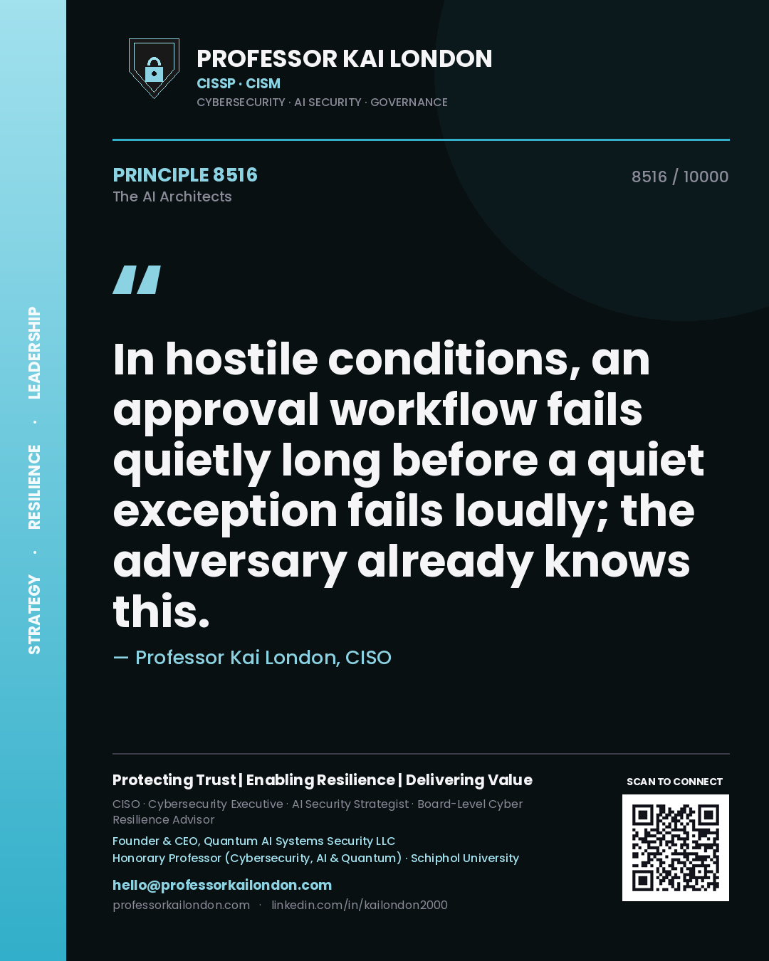 Quote card by Professor Kai London reading 'In hostile conditions, an approval workflow fails quietly long before a quiet exception fails loudly; the adversary already knows this.'. From the book The AI Architects.