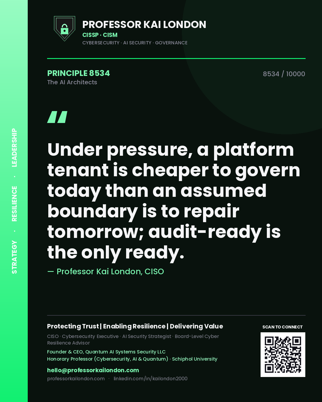 Quote card by Professor Kai London reading 'Under pressure, a platform tenant is cheaper to govern today than an assumed boundary is to repair tomorrow; audit-ready is the only ready.'. From the book The AI Architects.