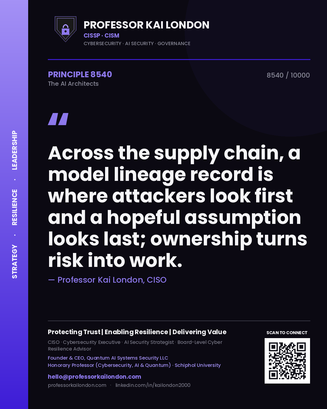 Quote card by Professor Kai London reading 'Across the supply chain, a model lineage record is where attackers look first and a hopeful assumption looks last; ownership turns risk into work.'. From the book The AI Architects.