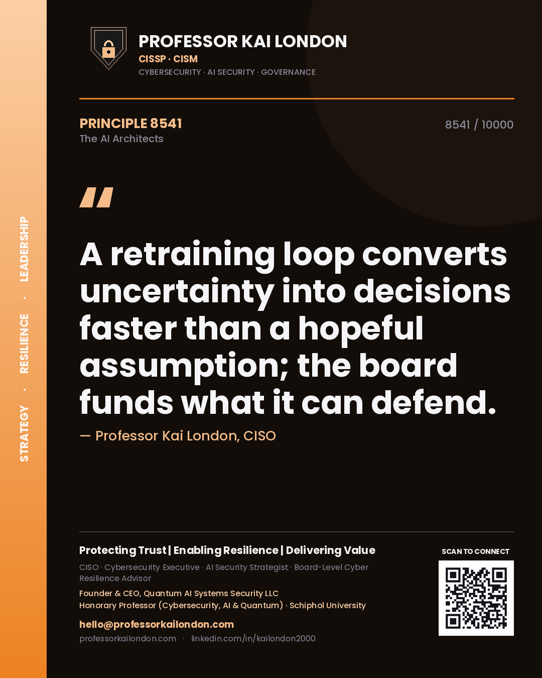 Quote card by Professor Kai London reading 'A retraining loop converts uncertainty into decisions faster than a hopeful assumption; the board funds what it can defend.'. From the book The AI Architects.