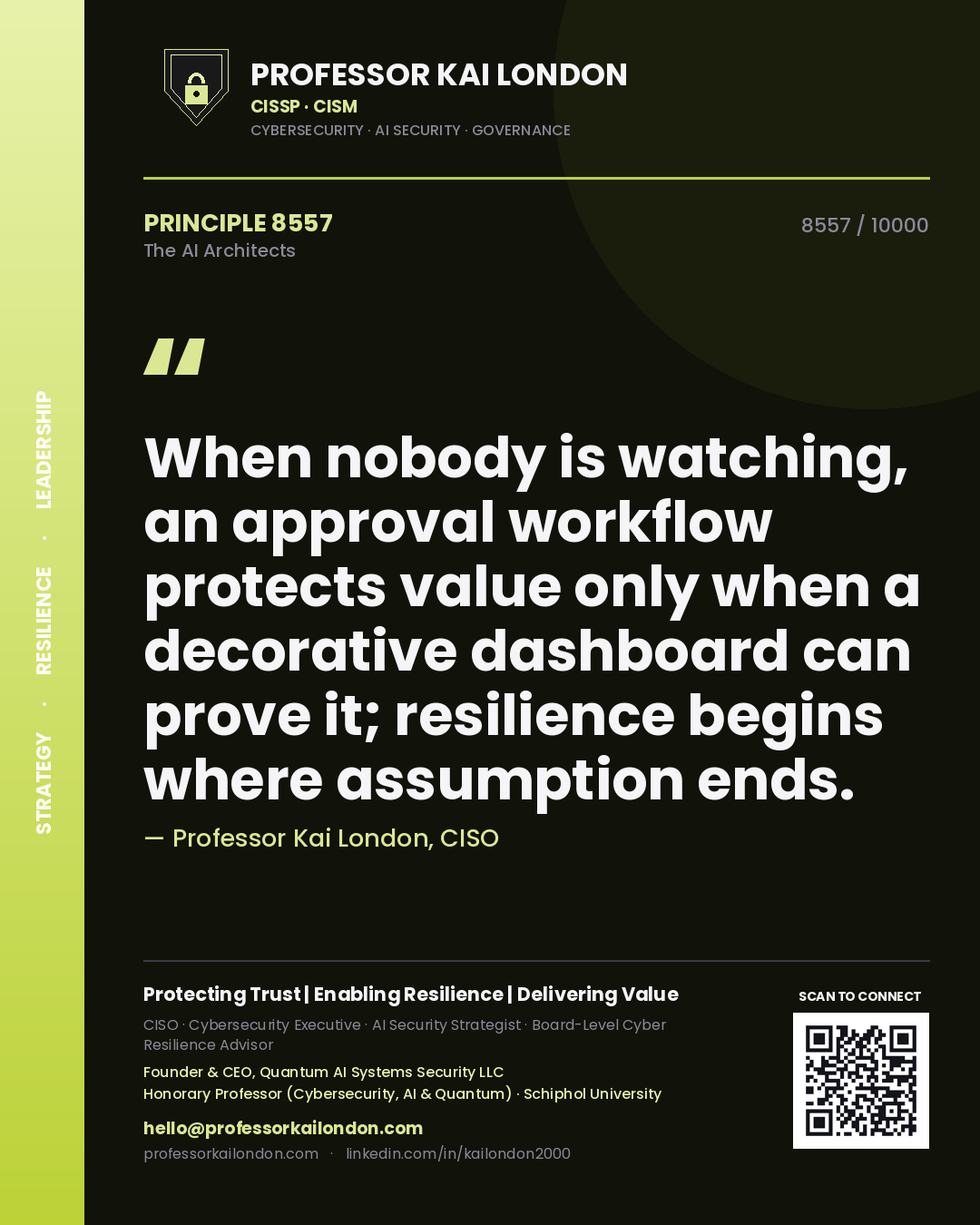 Professor Kai London principle 8557: When nobody is watching, an approval workflow protects value only when a decorative dashboard can prove it; resilience begins where assumption ends.