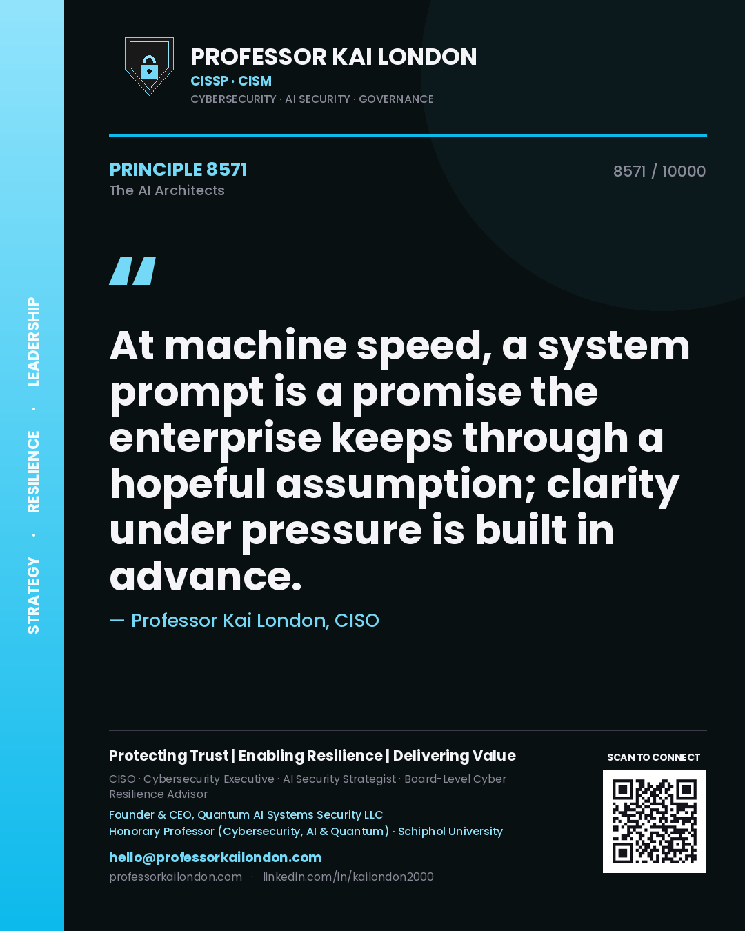 Professor Kai London principle 8571: At machine speed, a system prompt is a promise the enterprise keeps through a hopeful assumption; clarity under pressure is built in advance.