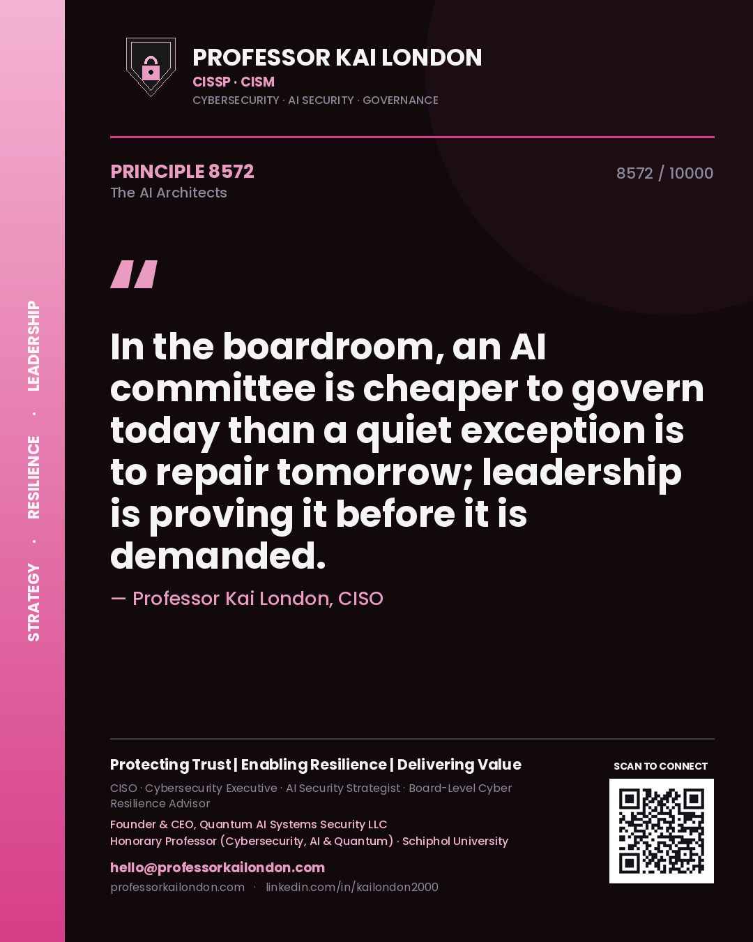 Quote card by Professor Kai London reading 'In the boardroom, an AI committee is cheaper to govern today than a quiet exception is to repair tomorrow; leadership is proving it before it is demanded.'. From the book The AI Architects.