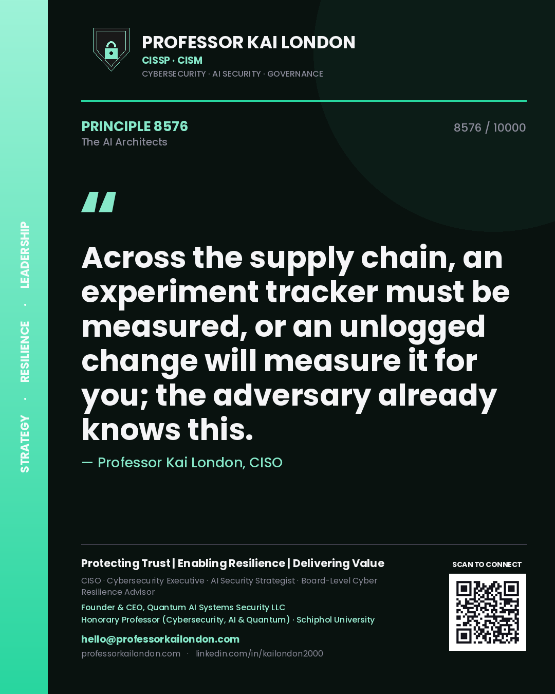 Professor Kai London principle 8576: Across the supply chain, an experiment tracker must be measured, or an unlogged change will measure it for you; the adversary already knows this.