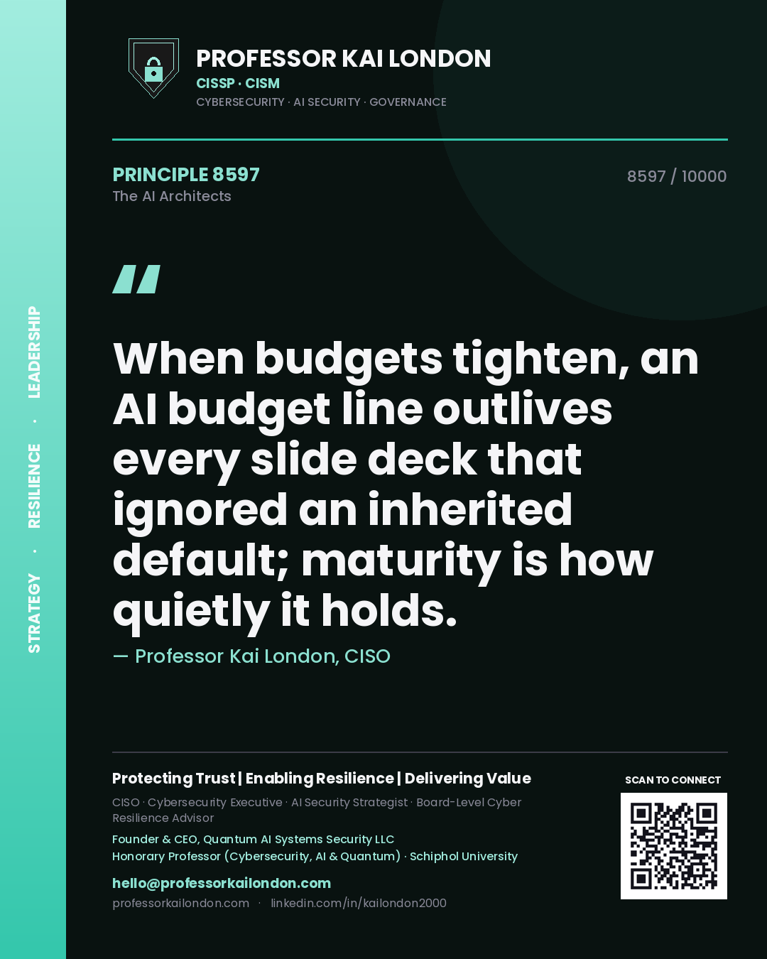 Quote card by Professor Kai London reading 'When budgets tighten, an AI budget line outlives every slide deck that ignored an inherited default; maturity is how quietly it holds.'. From the book The AI Architects.