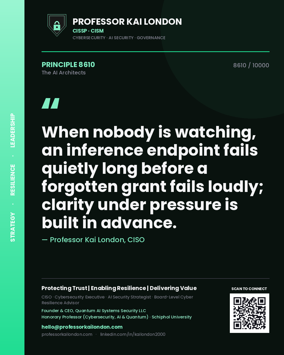 Quote card by Professor Kai London reading 'When nobody is watching, an inference endpoint fails quietly long before a forgotten grant fails loudly; clarity under pressure is built in advance.'. From the book The AI Architects.