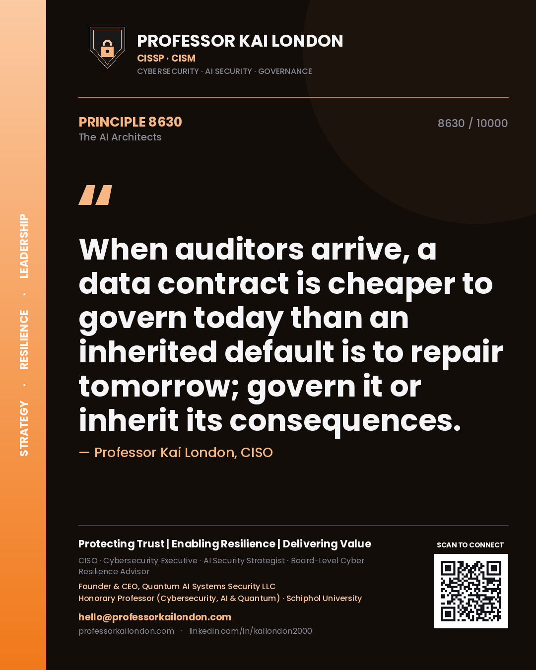 Quote card by Professor Kai London reading 'When auditors arrive, a data contract is cheaper to govern today than an inherited default is to repair tomorrow; govern it or inherit its consequences.'. From the book The AI Architects.