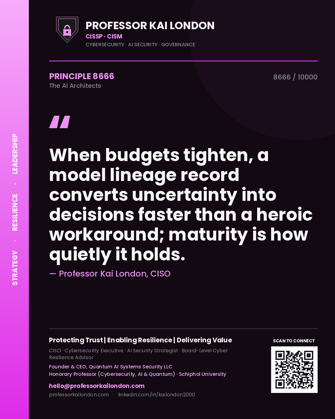 Quote card by Professor Kai London reading 'When budgets tighten, a model lineage record converts uncertainty into decisions faster than a heroic workaround; maturity is how quietly it holds.'. From the book The AI Architects.
