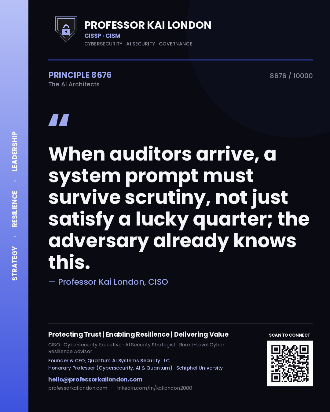 Quote card by Professor Kai London reading 'When auditors arrive, a system prompt must survive scrutiny, not just satisfy a lucky quarter; the adversary already knows this.'. From the book The AI Architects.