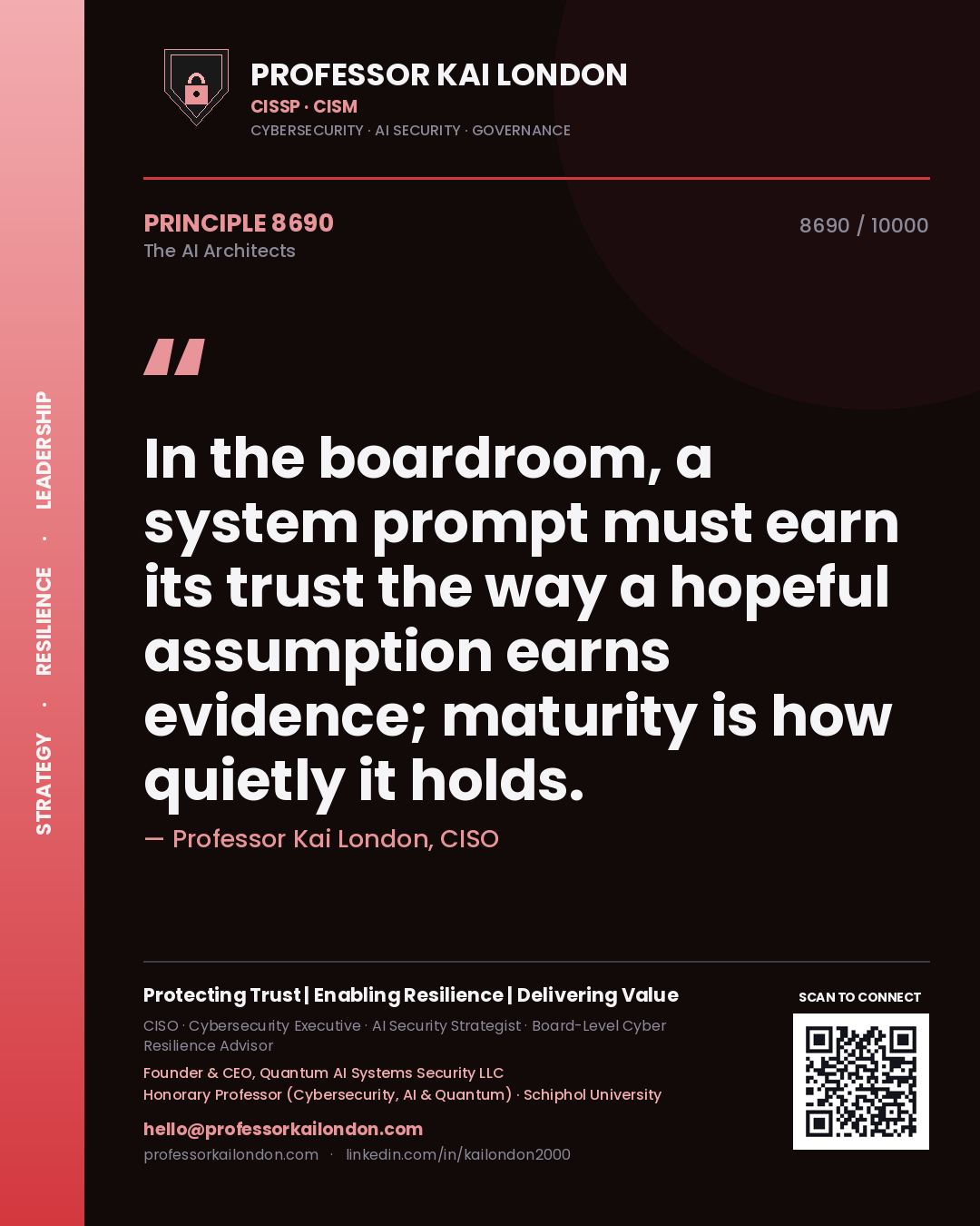 Quote card by Professor Kai London reading 'In the boardroom, a system prompt must earn its trust the way a hopeful assumption earns evidence; maturity is how quietly it holds.'. From the book The AI Architects.