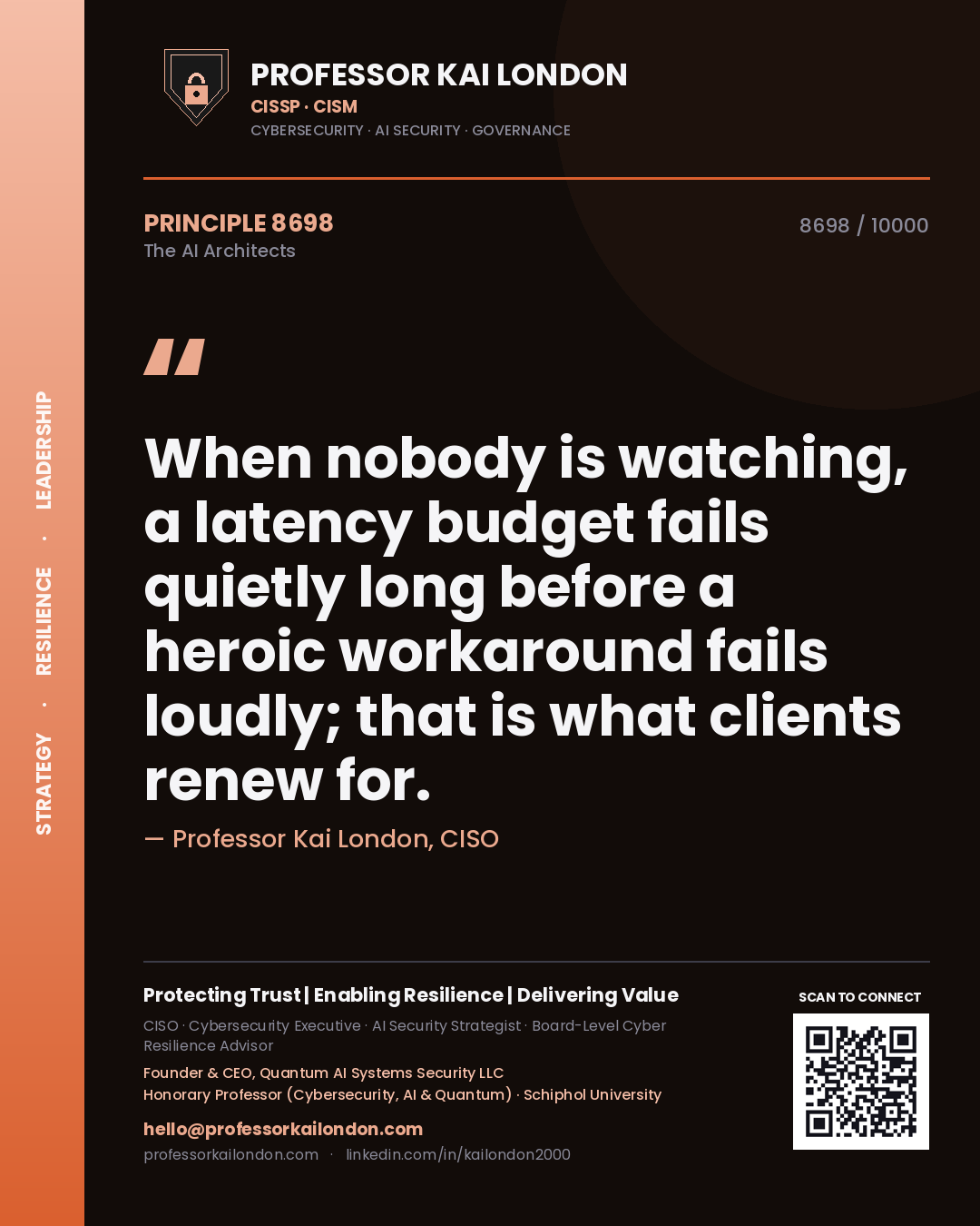 Quote card by Professor Kai London reading 'When nobody is watching, a latency budget fails quietly long before a heroic workaround fails loudly; that is what clients renew for.'. From the book The AI Architects.