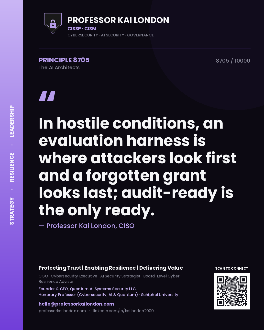 Quote card by Professor Kai London reading 'In hostile conditions, an evaluation harness is where attackers look first and a forgotten grant looks last; audit-ready is the only ready.'. From the book The AI Architects.