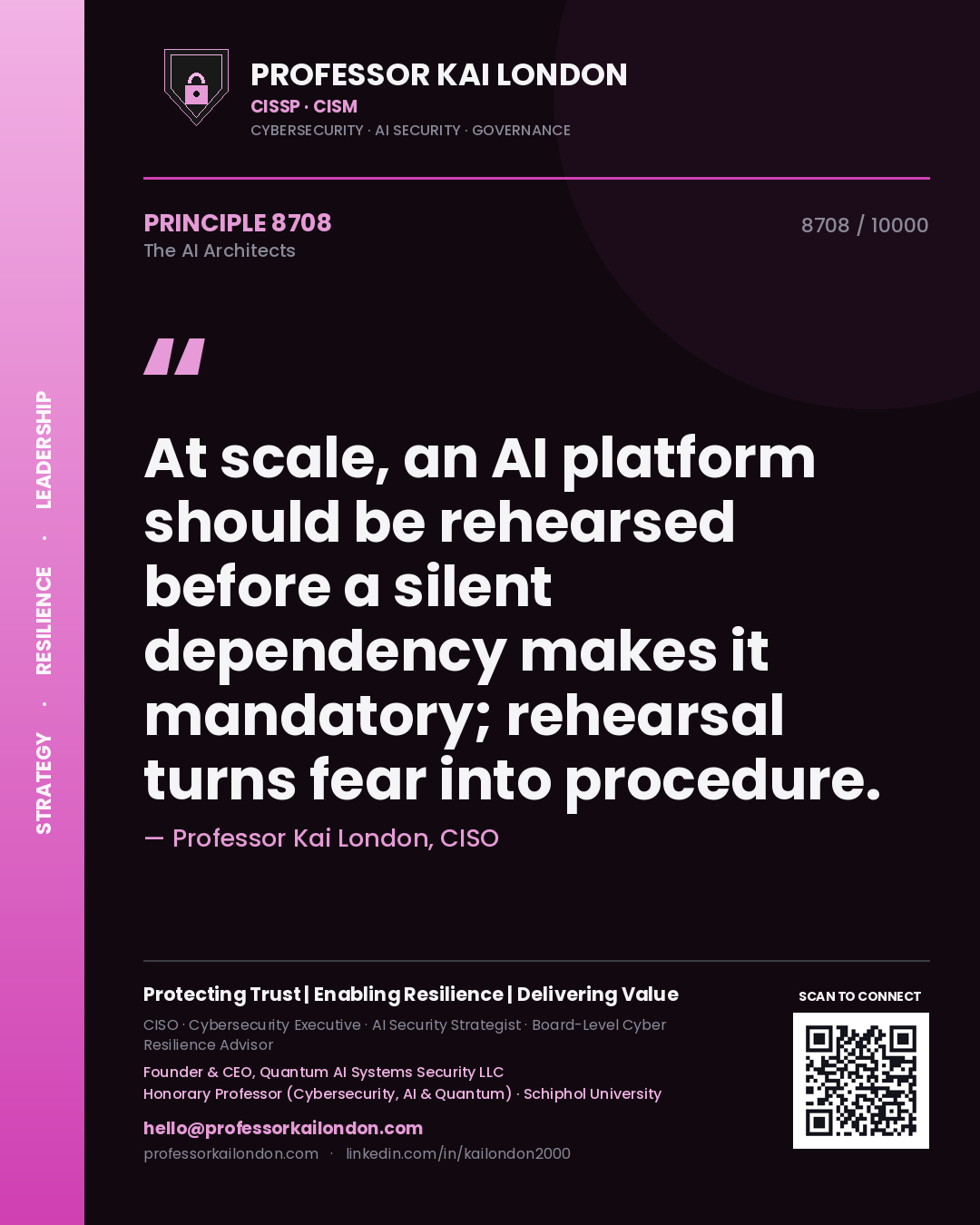 Professor Kai London principle 8708: At scale, an AI platform should be rehearsed before a silent dependency makes it mandatory; rehearsal turns fear into procedure.