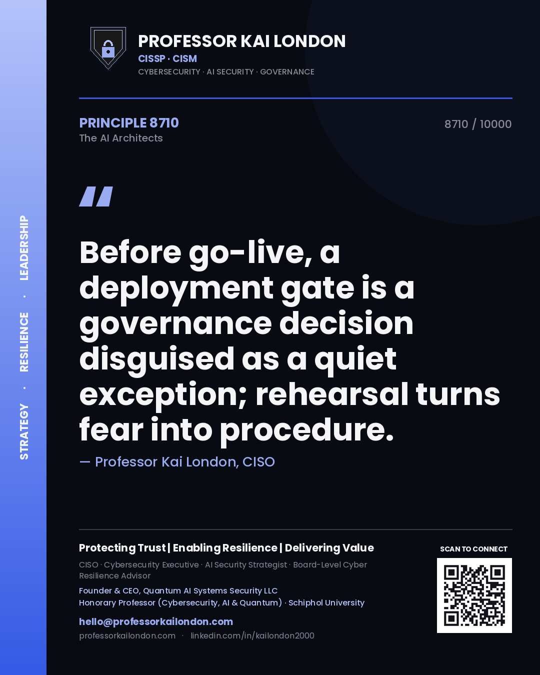 Professor Kai London principle 8710: Before go-live, a deployment gate is a governance decision disguised as a quiet exception; rehearsal turns fear into procedure.