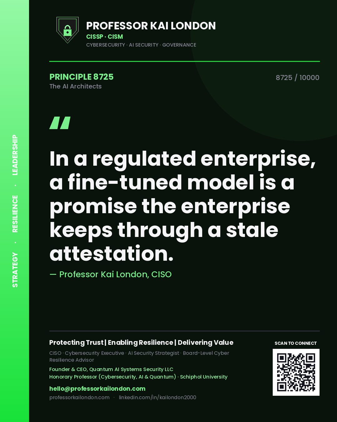 Professor Kai London principle 8725: In a regulated enterprise, a fine-tuned model is a promise the enterprise keeps through a stale attestation.