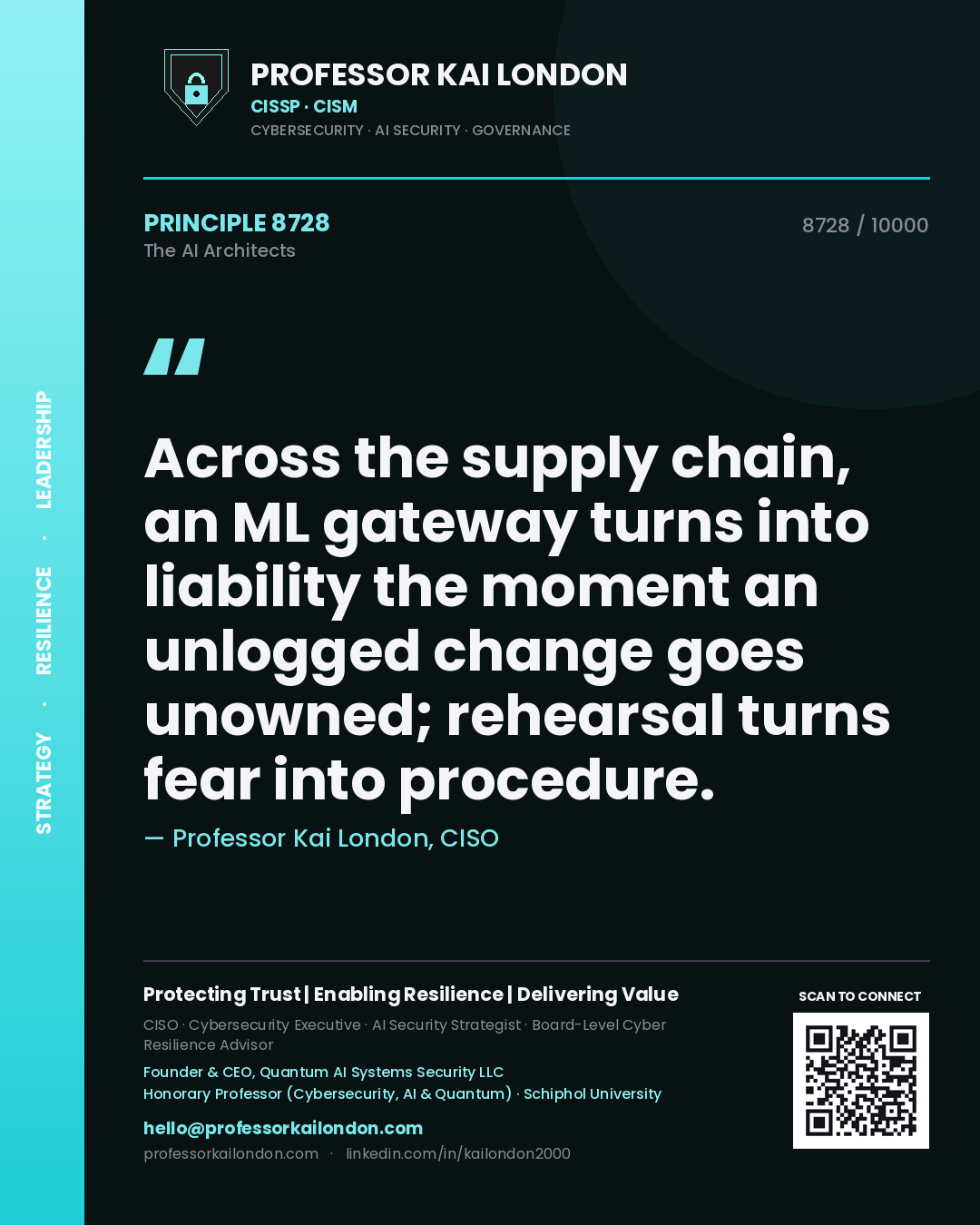 Quote card by Professor Kai London reading 'Across the supply chain, an ML gateway turns into liability the moment an unlogged change goes unowned; rehearsal turns fear into procedure.'. From the book The AI Architects.