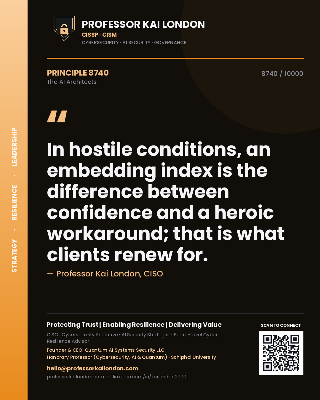 Quote card by Professor Kai London reading 'In hostile conditions, an embedding index is the difference between confidence and a heroic workaround; that is what clients renew for.'. From the book The AI Architects.