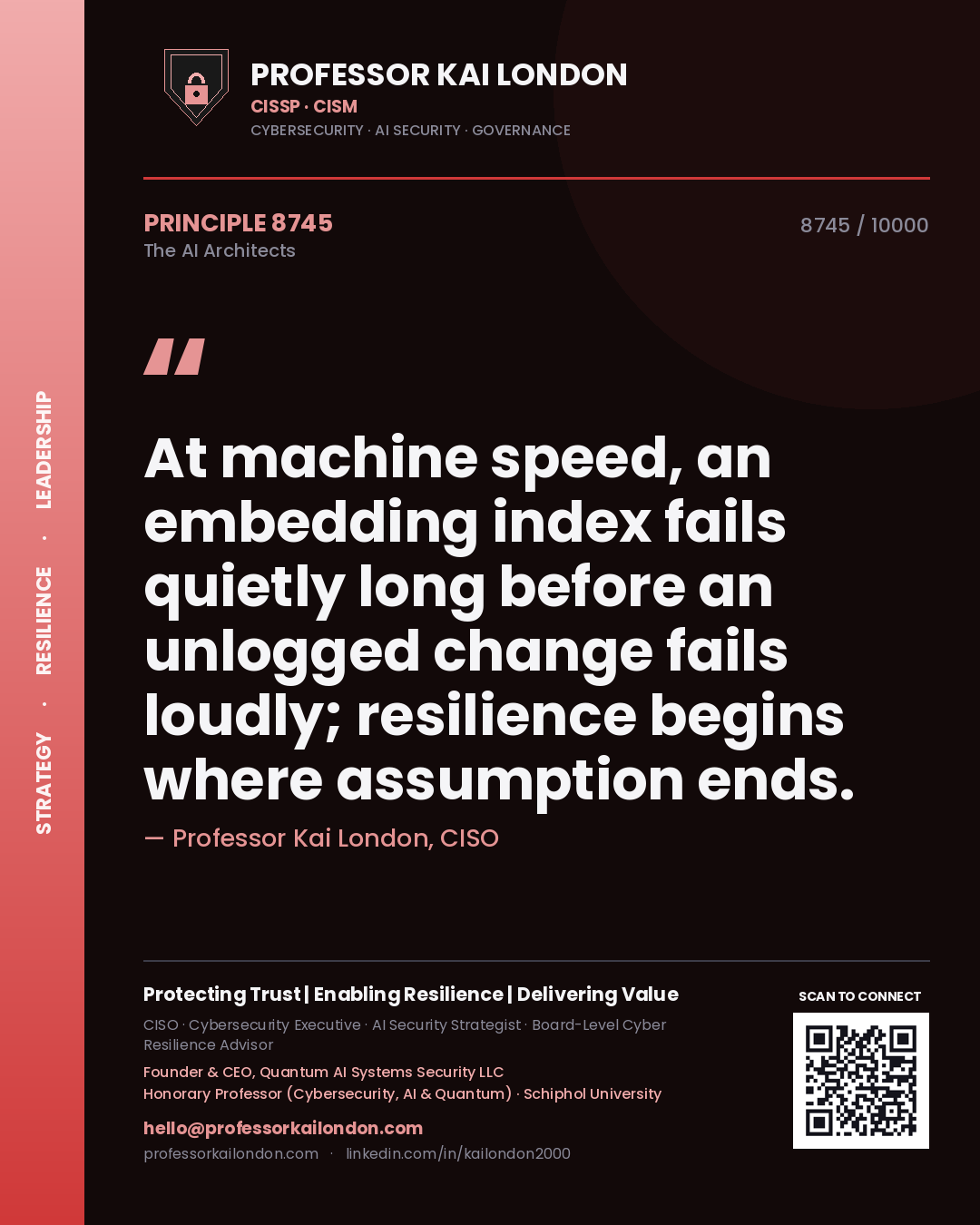 Quote card by Professor Kai London reading 'At machine speed, an embedding index fails quietly long before an unlogged change fails loudly; resilience begins where assumption ends.'. From the book The AI Architects.