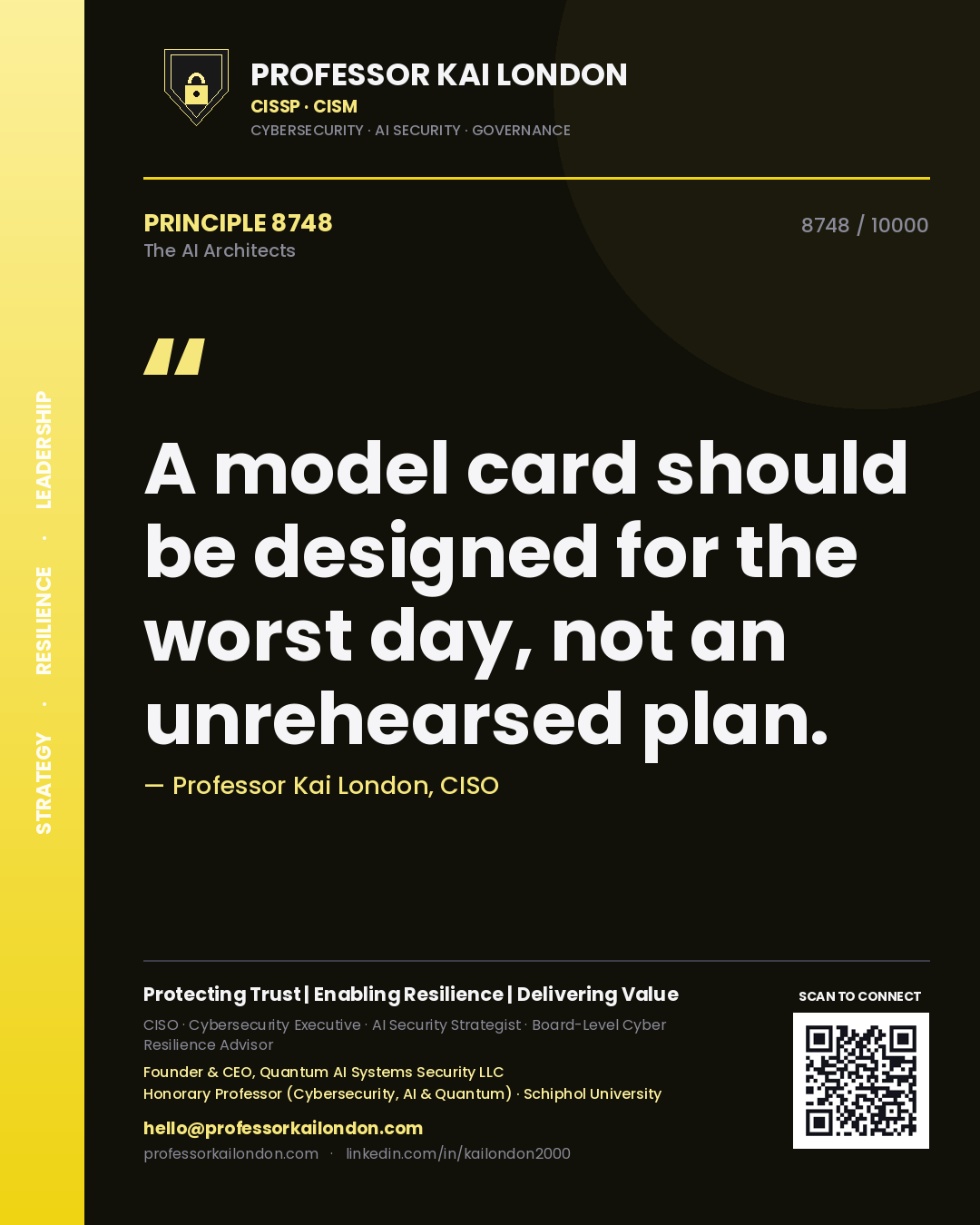 Quote card by Professor Kai London reading 'A model card should be designed for the worst day, not an unrehearsed plan.'. From the book The AI Architects.