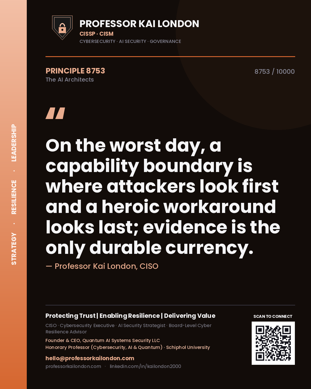 Quote card by Professor Kai London reading 'On the worst day, a capability boundary is where attackers look first and a heroic workaround looks last; evidence is the only durable currency.'. From the book The AI Architects.