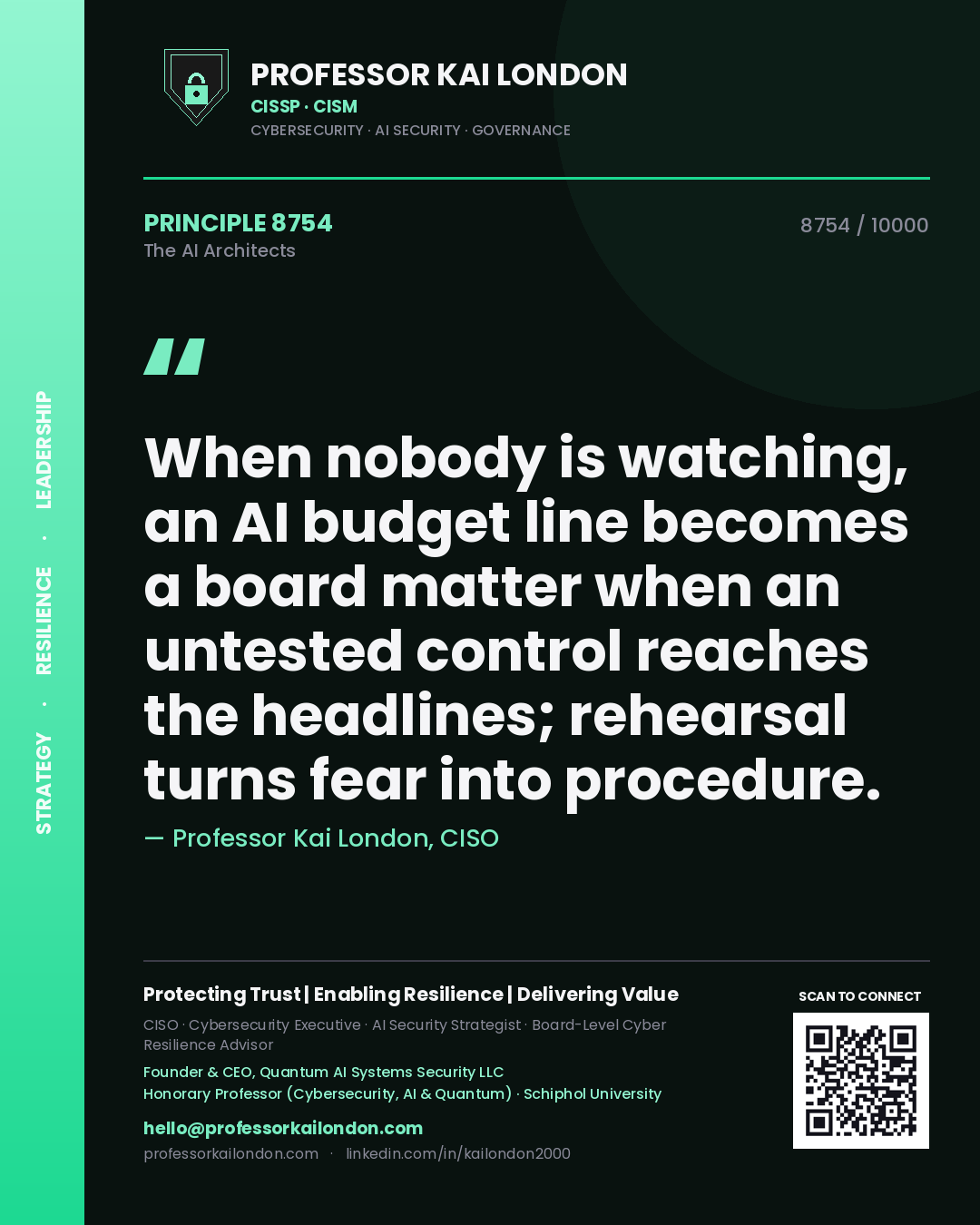 Professor Kai London principle 8754: When nobody is watching, an AI budget line becomes a board matter when an untested control reaches the headlines; rehearsal turns fear into procedure.