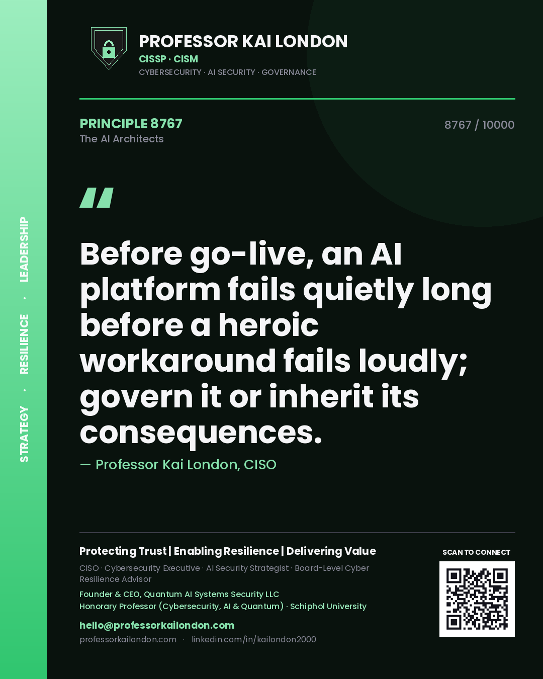 Quote card by Professor Kai London reading 'Before go-live, an AI platform fails quietly long before a heroic workaround fails loudly; govern it or inherit its consequences.'. From the book The AI Architects.