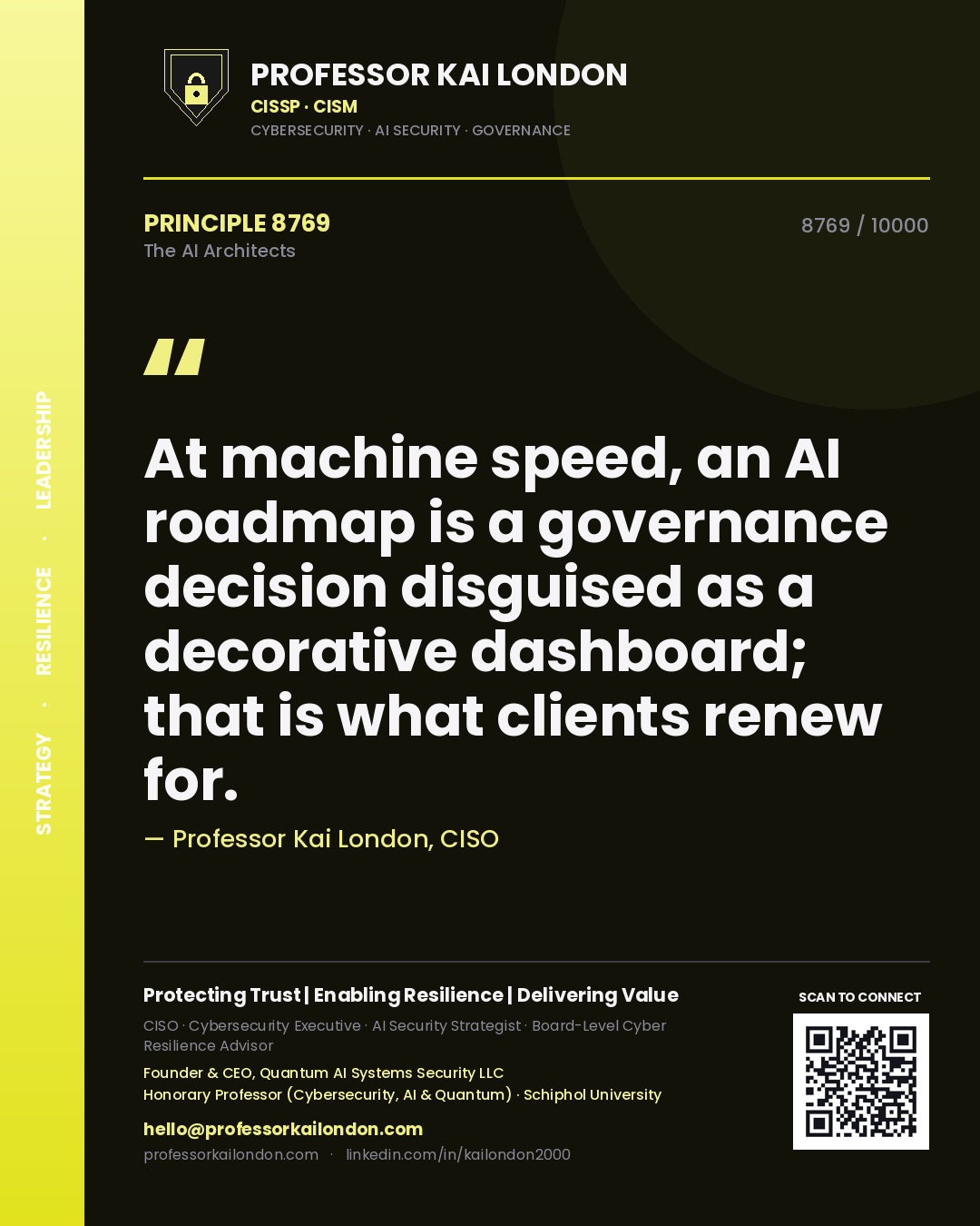 Quote card by Professor Kai London reading 'At machine speed, an AI roadmap is a governance decision disguised as a decorative dashboard; that is what clients renew for.'. From the book The AI Architects.