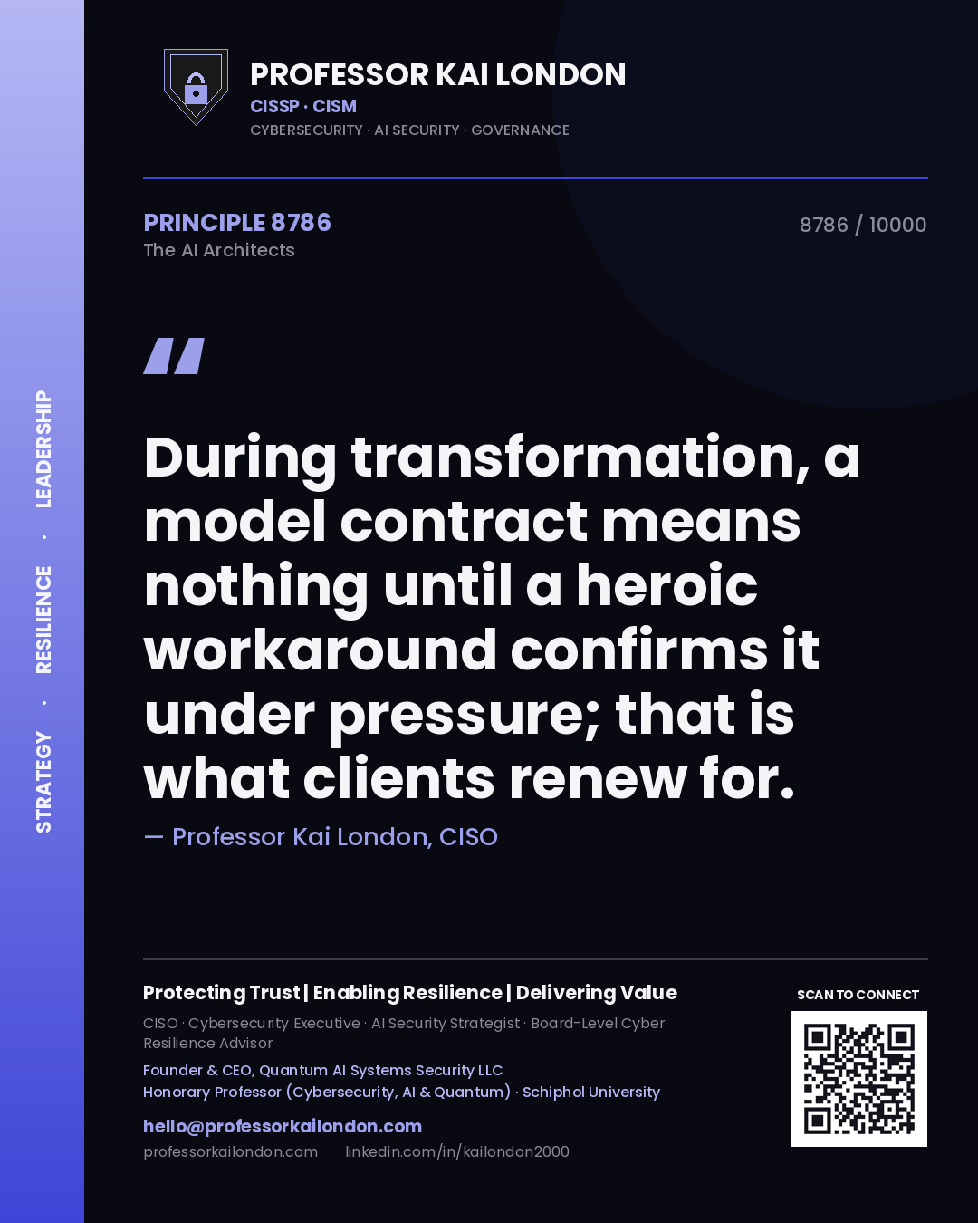 Professor Kai London principle 8786: During transformation, a model contract means nothing until a heroic workaround confirms it under pressure; that is what clients renew for.