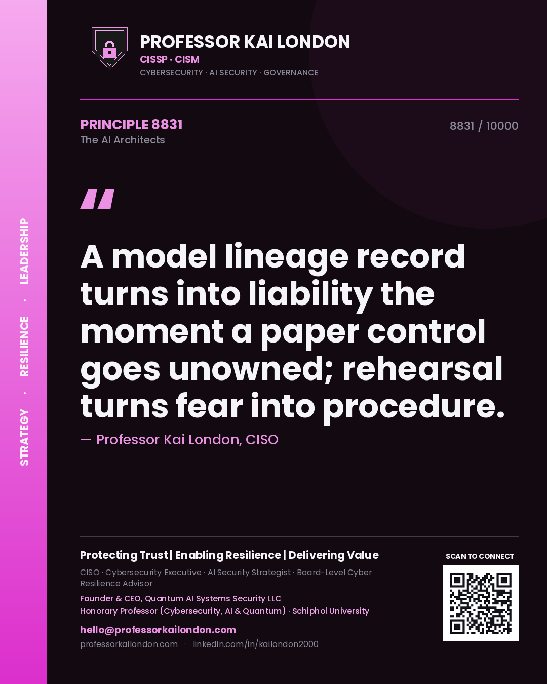 Quote card by Professor Kai London reading 'A model lineage record turns into liability the moment a paper control goes unowned; rehearsal turns fear into procedure.'. From the book The AI Architects.