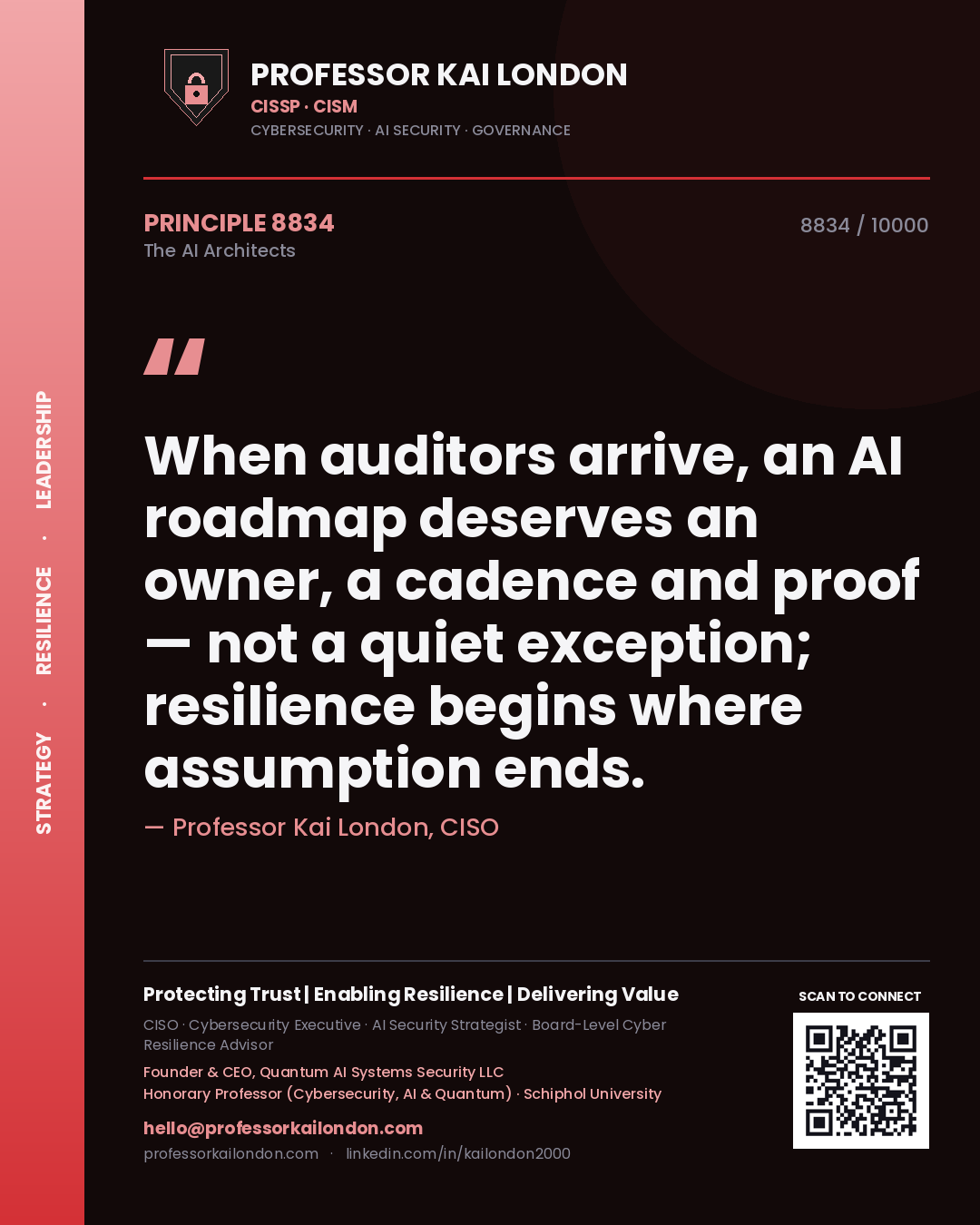 Quote card by Professor Kai London reading 'When auditors arrive, an AI roadmap deserves an owner, a cadence and proof — not a quiet exception; resilience begins where assumption ends.'. From the book The AI Architects.