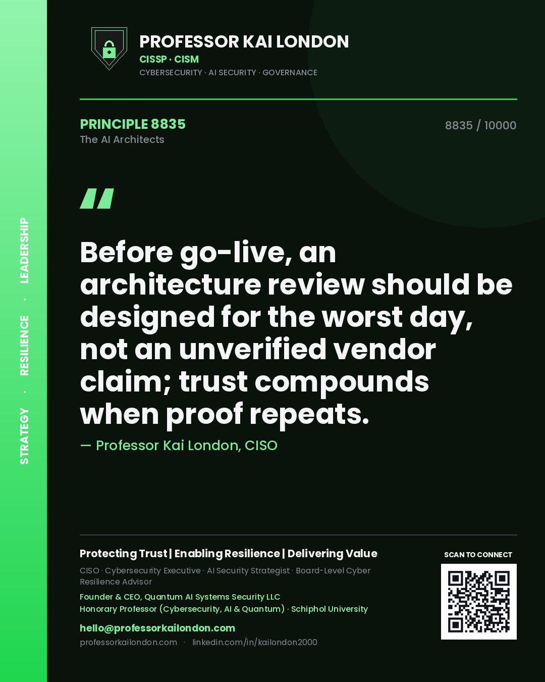 Professor Kai London principle 8835: Before go-live, an architecture review should be designed for the worst day, not an unverified vendor claim; trust compounds when proof repeats.