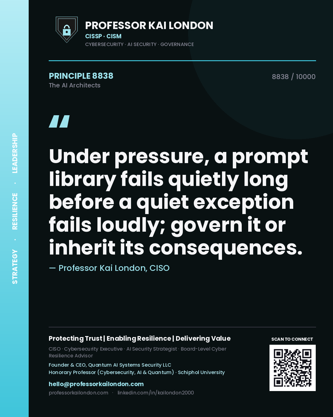 Professor Kai London principle 8838: Under pressure, a prompt library fails quietly long before a quiet exception fails loudly; govern it or inherit its consequences.