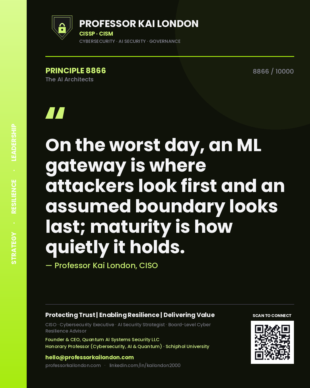 Quote card by Professor Kai London reading 'On the worst day, an ML gateway is where attackers look first and an assumed boundary looks last; maturity is how quietly it holds.'. From the book The AI Architects.