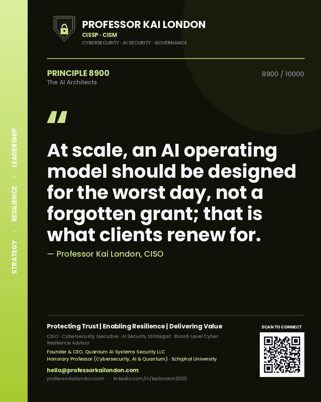 Professor Kai London principle 8900: At scale, an AI operating model should be designed for the worst day, not a forgotten grant; that is what clients renew for.