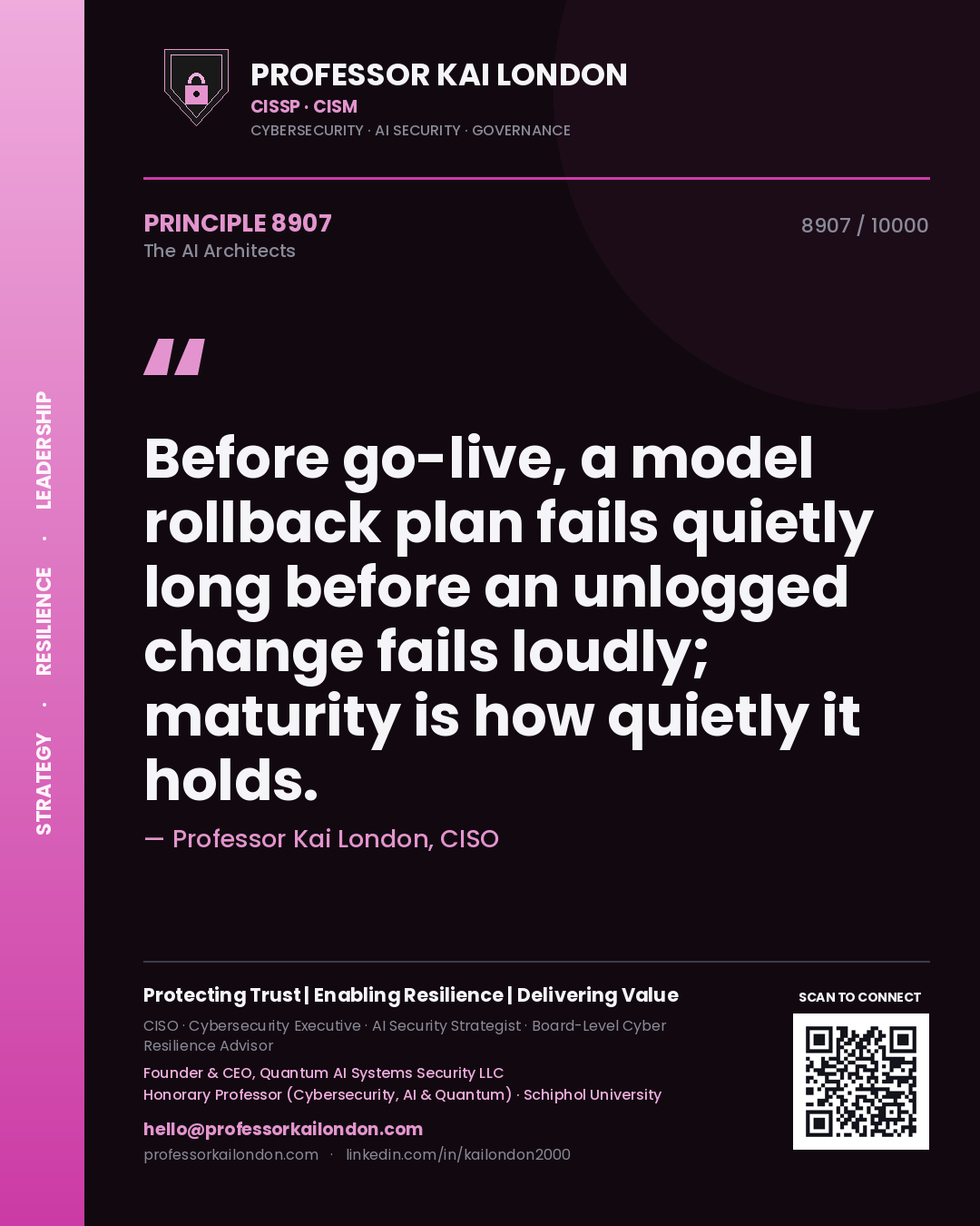 Quote card by Professor Kai London reading 'Before go-live, a model rollback plan fails quietly long before an unlogged change fails loudly; maturity is how quietly it holds.'. From the book The AI Architects.