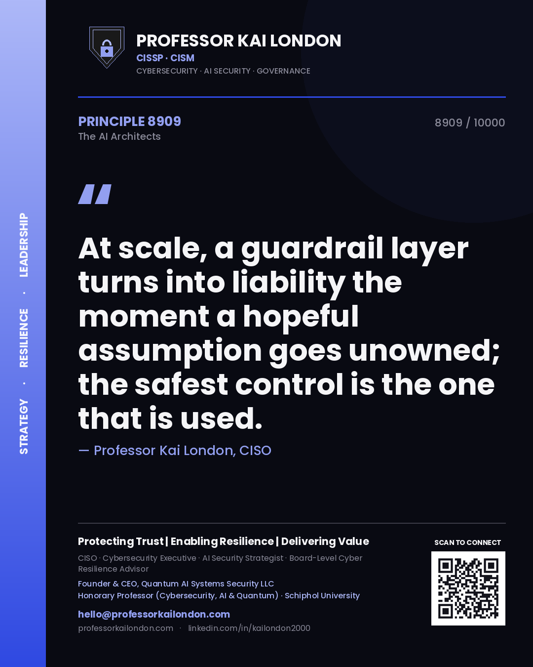 Quote card by Professor Kai London reading 'At scale, a guardrail layer turns into liability the moment a hopeful assumption goes unowned; the safest control is the one that is used.'. From the book The AI Architects.
