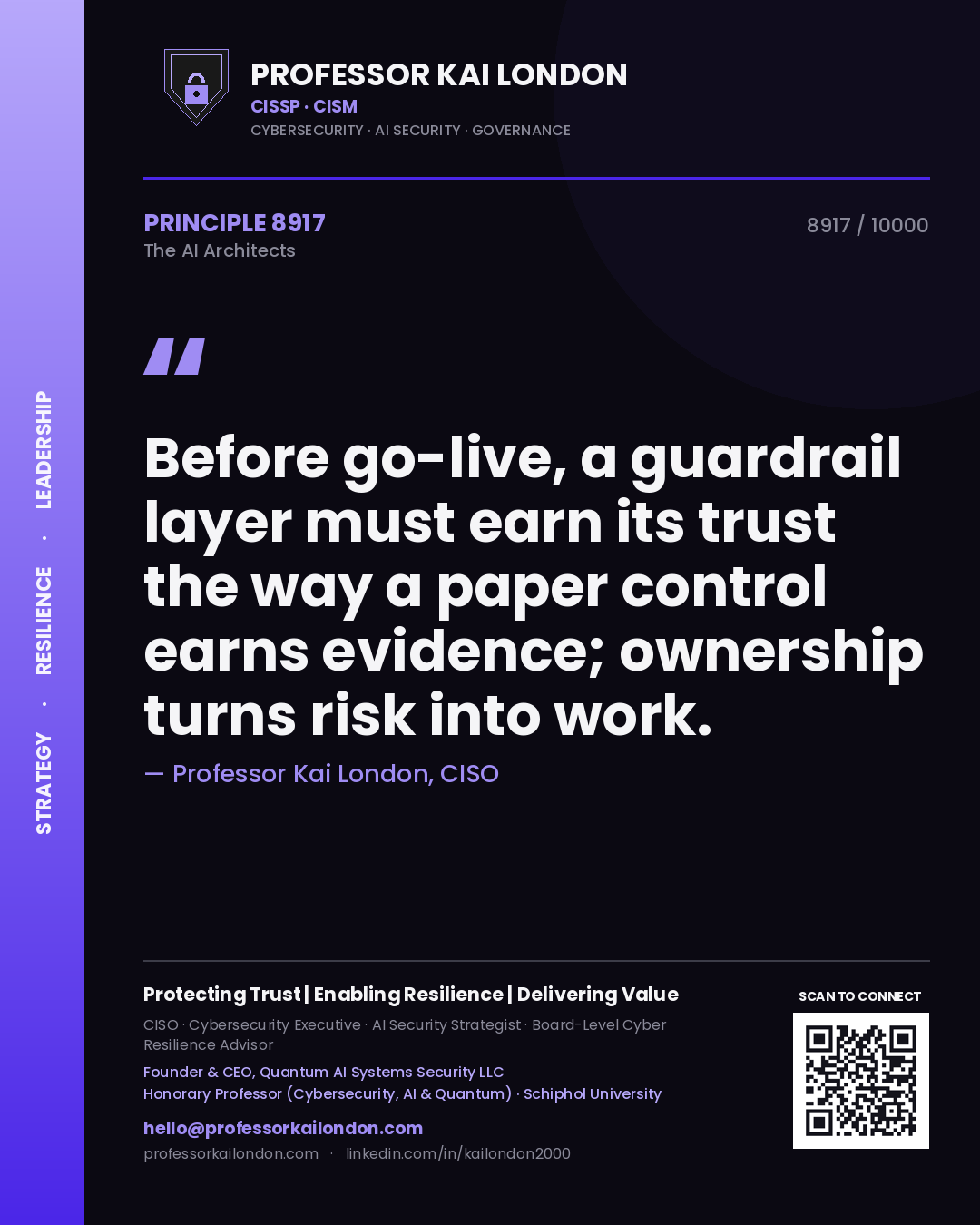 Professor Kai London principle 8917: Before go-live, a guardrail layer must earn its trust the way a paper control earns evidence; ownership turns risk into work.