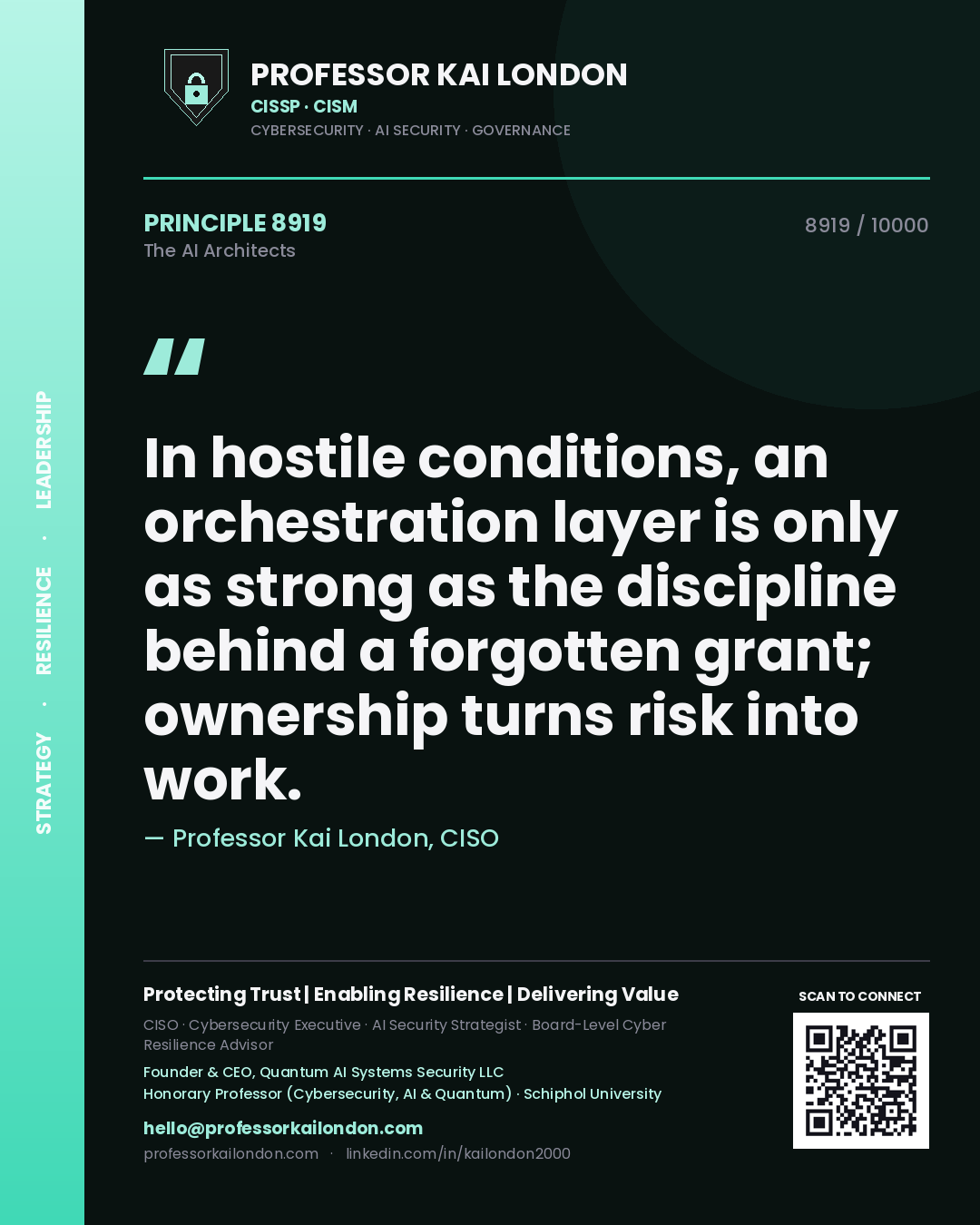 Professor Kai London principle 8919: In hostile conditions, an orchestration layer is only as strong as the discipline behind a forgotten grant; ownership turns risk into work.